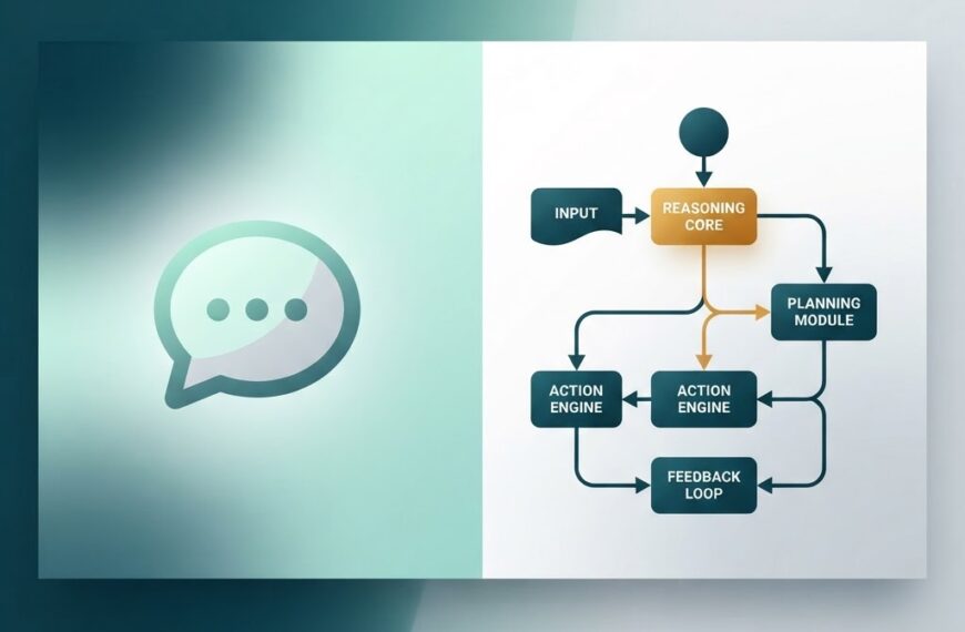 Split illustration comparing a chatbot (speech bubble) with an AI agent (reasoning, planning, and action flowchart)