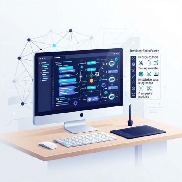 Illustration of a developer workstation with code editor, agent workflow graph nodes, and multi-agent network connections representing AI agent development frameworks