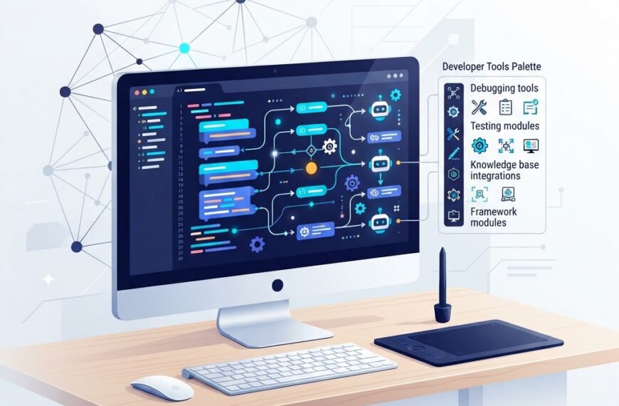 Illustration of a developer workstation with code editor, agent workflow graph nodes, and multi-agent network connections representing AI agent development frameworks