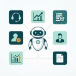 Illustration of an AI agent connected to six business domain icons: customer support, sales, IT operations, HR, data analytics, and back-office processing