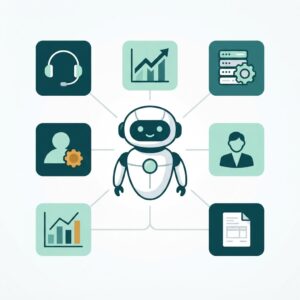 Illustration of an AI agent connected to six business domain icons: customer support, sales, IT operations, HR, data analytics, and back-office processing
