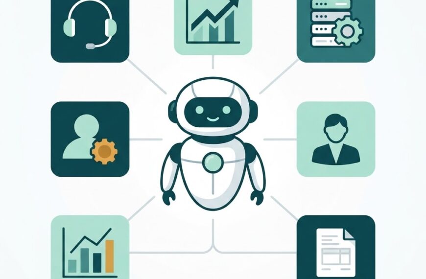 Illustration of an AI agent connected to six business domain icons: customer support, sales, IT operations, HR, data analytics, and back-office processing