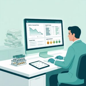 Illustration of a pathology lab with a technician at a workstation showing improved turnaround time and quality indicators on a dashboard, barcoded sample tubes, and a transition from paper records to digital interface