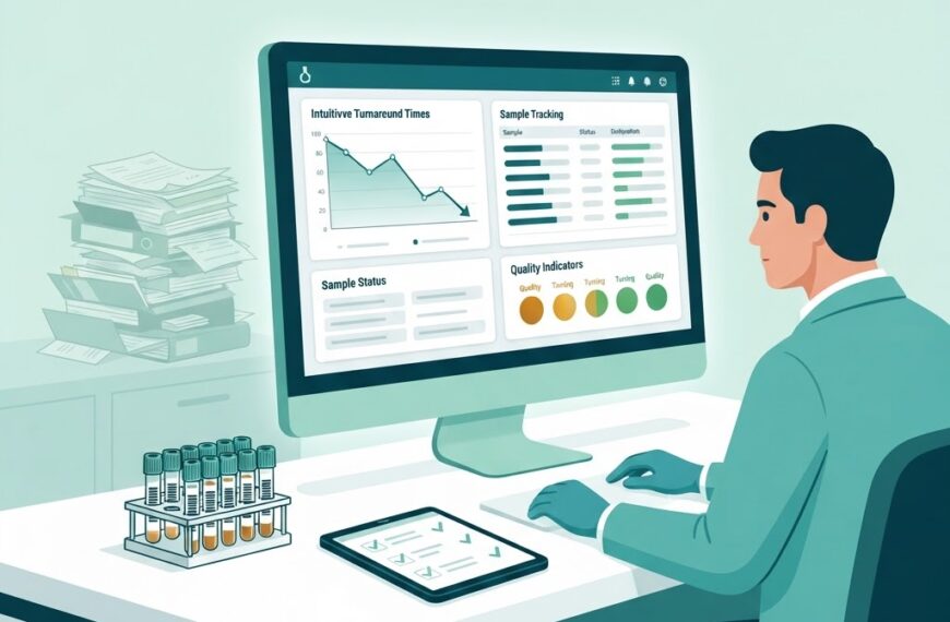 Illustration of a pathology lab with a technician at a workstation showing improved turnaround time and quality indicators on a dashboard, barcoded sample tubes, and a transition from paper records to digital interface