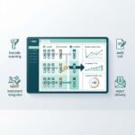 Illustration of LIMS features for diagnostic labs: barcoded sample tracking, instrument integration, quality control charts, audit trail, and report delivery on a centralized dashboard