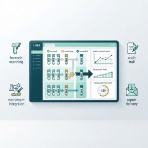 Illustration of LIMS features for diagnostic labs: barcoded sample tracking, instrument integration, quality control charts, audit trail, and report delivery on a centralized dashboard