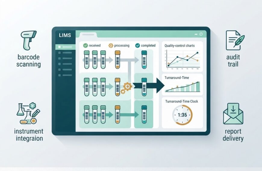 Illustration of LIMS features for diagnostic labs: barcoded sample tracking, instrument integration, quality control charts, audit trail, and report delivery on a centralized dashboard