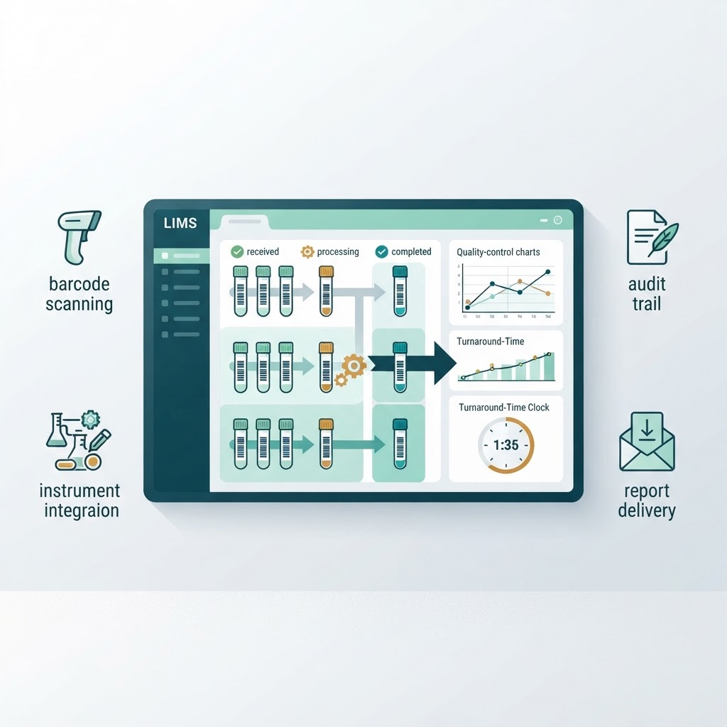 Illustration of LIMS features for diagnostic labs: barcoded sample tracking, instrument integration, quality control charts, audit trail, and report delivery on a centralized dashboard