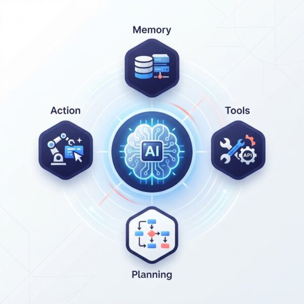 Illustration of AI agent architecture showing a central AI brain connected to memory, tools, planning, and action components in a circular flow