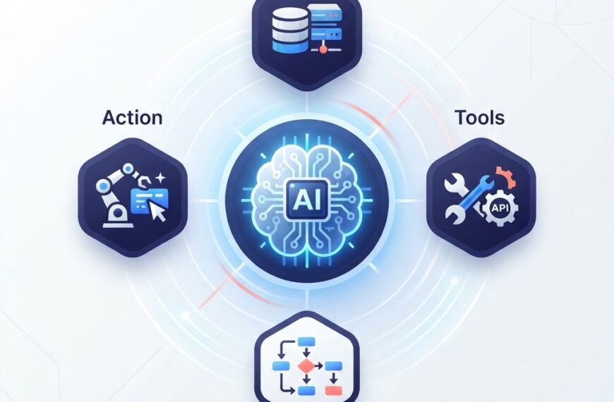 Illustration of AI agent architecture showing a central AI brain connected to memory, tools, planning, and action components in a circular flow