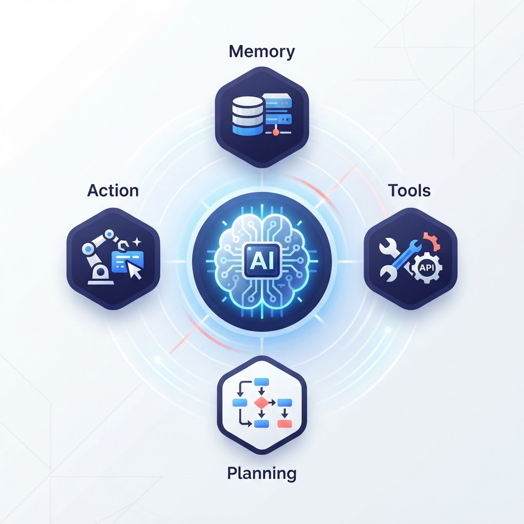 Illustration of AI agent architecture showing a central AI brain connected to memory, tools, planning, and action components in a circular flow