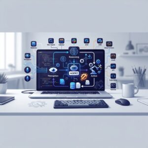 Illustration of a developer workspace with a laptop showing an AI agent loop flowchart: perception, reasoning, action, and memory, with connected tool and API icons