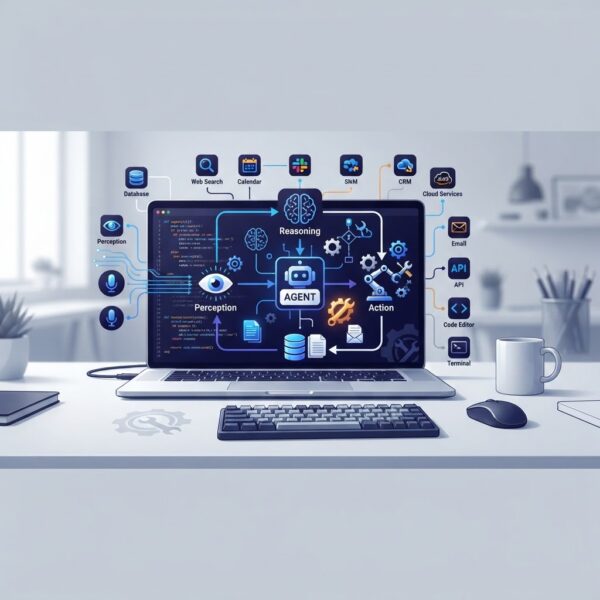 Illustration of a developer workspace with a laptop showing an AI agent loop flowchart: perception, reasoning, action, and memory, with connected tool and API icons