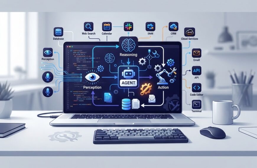 Illustration of a developer workspace with a laptop showing an AI agent loop flowchart: perception, reasoning, action, and memory, with connected tool and API icons