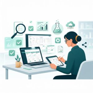 Illustration of a person comparing LIMS software options on a laptop and tablet, with checklist icons, magnifying glass, bar chart, cloud, and lab flask