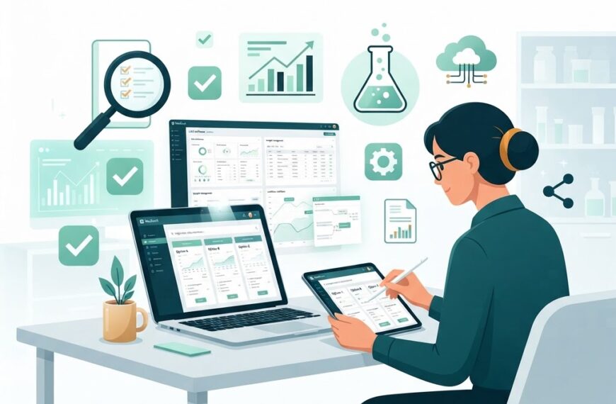 Illustration of a person comparing LIMS software options on a laptop and tablet, with checklist icons, magnifying glass, bar chart, cloud, and lab flask