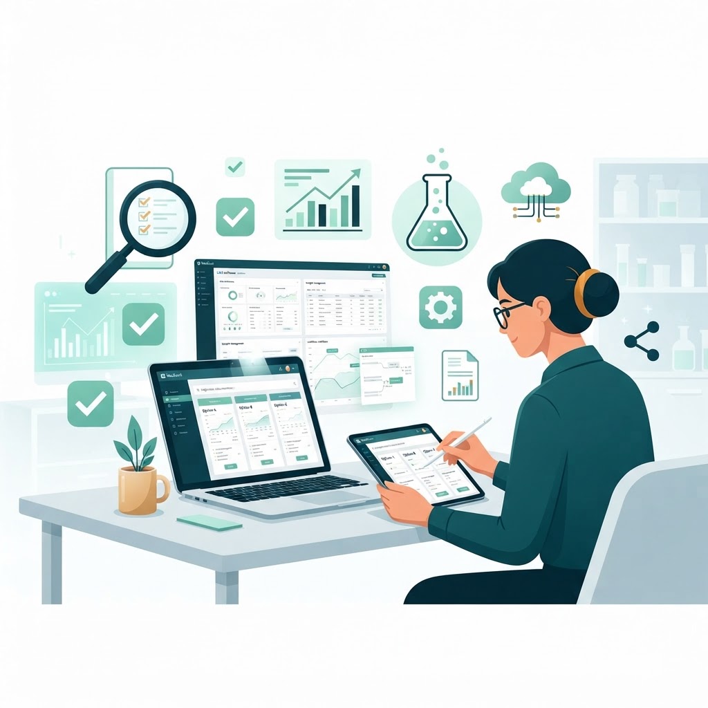 Illustration of a person comparing LIMS software options on a laptop and tablet, with checklist icons, magnifying glass, bar chart, cloud, and lab flask