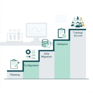 Illustration of a LIMS implementation roadmap with ascending stages: planning, configuration, data migration, validation, and training, with laboratory elements in the background