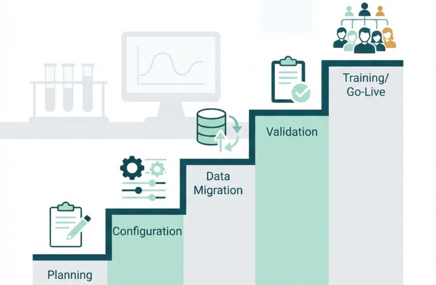 Illustration of a LIMS implementation roadmap with ascending stages: planning, configuration, data migration, validation, and training, with laboratory elements in the background