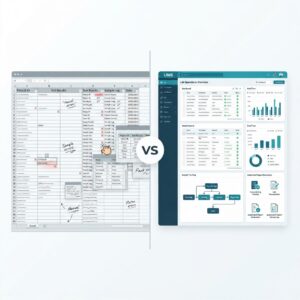Split comparison illustration showing cluttered spreadsheet data on the left versus an organized LIMS dashboard with sample tracking and automated reports on the right