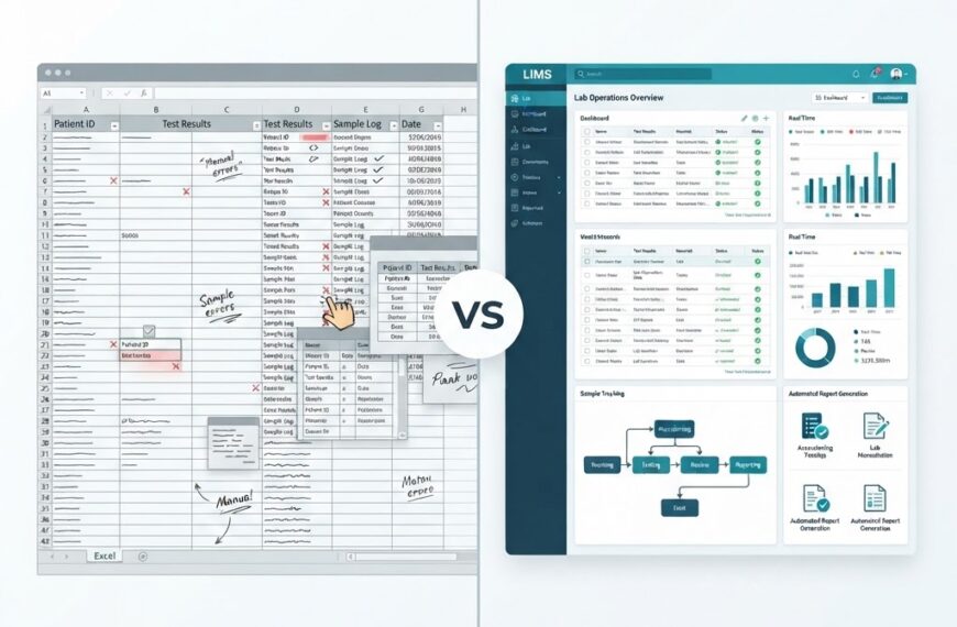 Split comparison illustration showing cluttered spreadsheet data on the left versus an organized LIMS dashboard with sample tracking and automated reports on the right