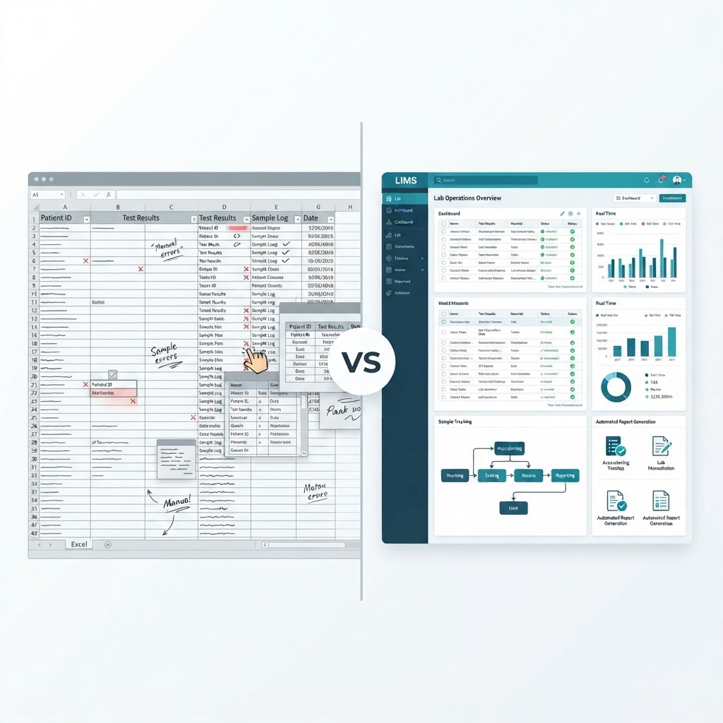Split comparison illustration showing cluttered spreadsheet data on the left versus an organized LIMS dashboard with sample tracking and automated reports on the right