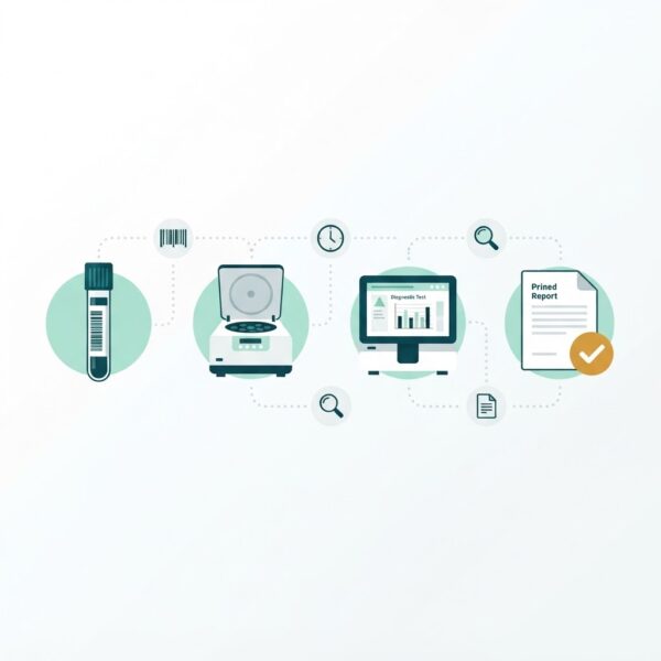 Flow diagram showing the sample lifecycle in a diagnostic lab: barcoded sample tube, centrifuge, analyzer with test chart, and validated report