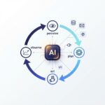 Illustration of an agentic AI system showing the perceive-plan-act-observe loop connected to tools including a database, email, API, and code editor, with a glowing central AI agent node