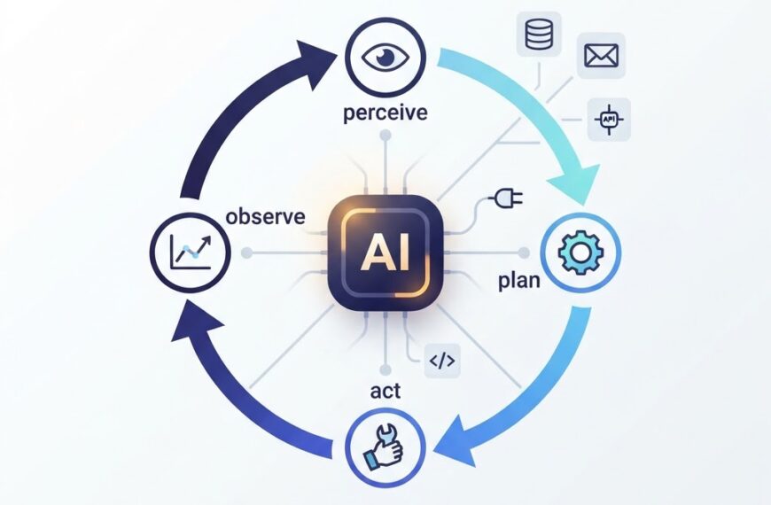 Illustration of an agentic AI system showing the perceive-plan-act-observe loop connected to tools including a database, email, API, and code editor, with a glowing central AI agent node