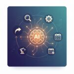 Illustration of an AI agent work cycle: a central AI node connected to perception, reasoning, planning, action, and feedback icons in a loop on a deep indigo and teal background