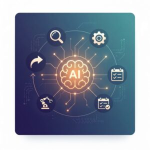 Illustration of an AI agent work cycle: a central AI node connected to perception, reasoning, planning, action, and feedback icons in a loop on a deep indigo and teal background