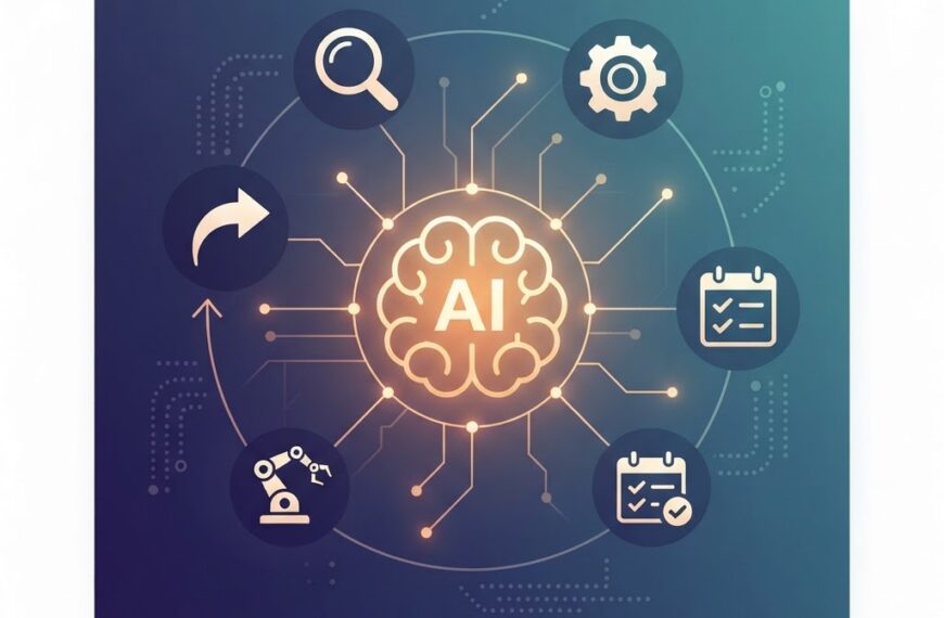 Illustration of an AI agent work cycle: a central AI node connected to perception, reasoning, planning, action, and feedback icons in a loop on a deep indigo and teal background