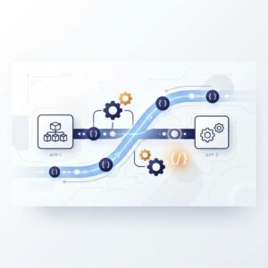 Illustration showing two software applications connected by an automated digital pipeline with data packets and API endpoint nodes