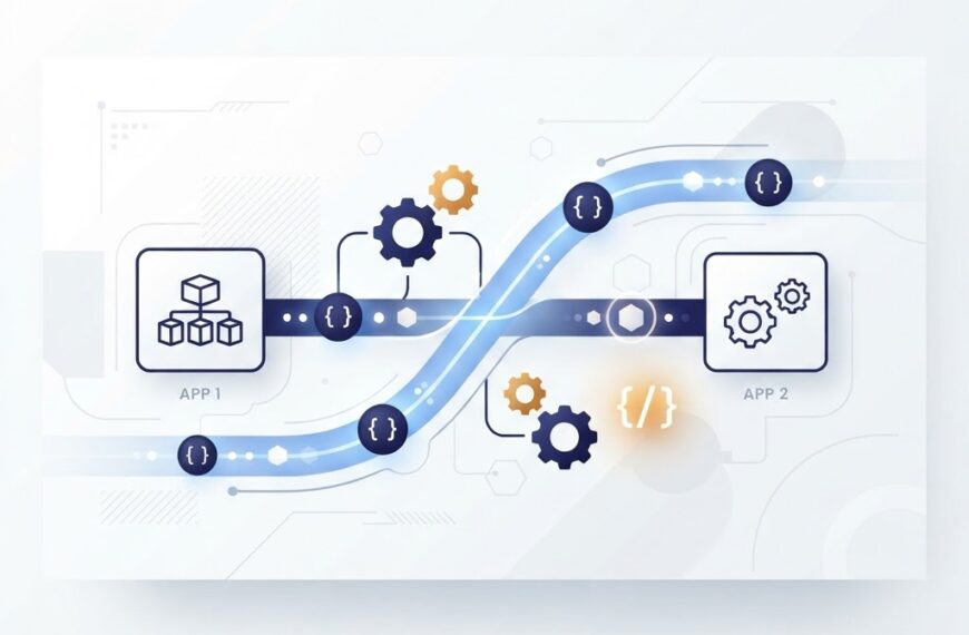 Illustration showing two software applications connected by an automated digital pipeline with data packets and API endpoint nodes