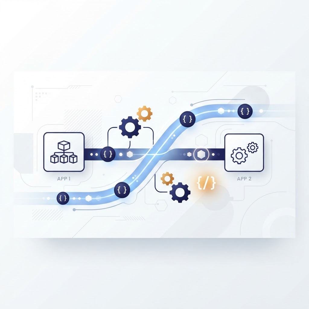 Illustration showing two software applications connected by an automated digital pipeline with data packets and API endpoint nodes