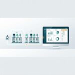 Illustration of a diagnostic laboratory workflow with barcoded sample tubes and a lab dashboard screen showing sample tracking and reports