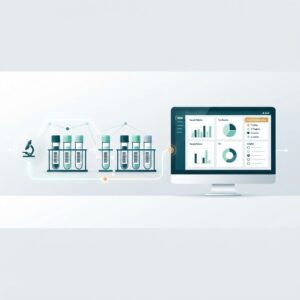 Illustration of a diagnostic laboratory workflow with barcoded sample tubes and a lab dashboard screen showing sample tracking and reports