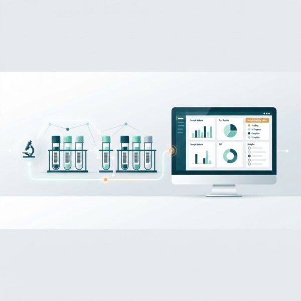 Illustration of a diagnostic laboratory workflow with barcoded sample tubes and a lab dashboard screen showing sample tracking and reports