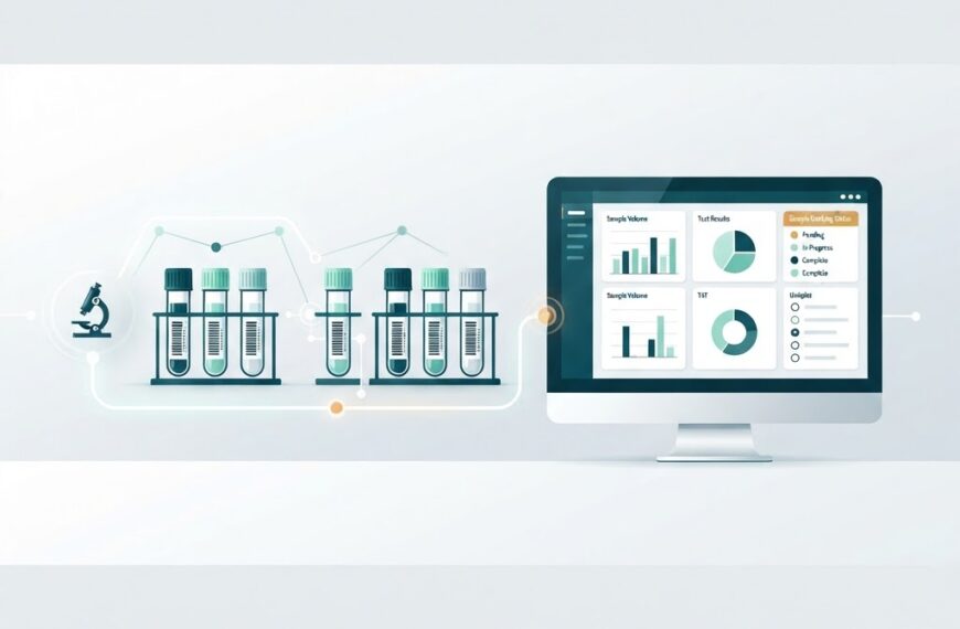 Illustration of a diagnostic laboratory workflow with barcoded sample tubes and a lab dashboard screen showing sample tracking and reports
