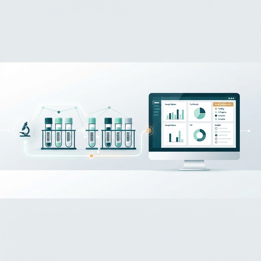 Illustration of a diagnostic laboratory workflow with barcoded sample tubes and a lab dashboard screen showing sample tracking and reports