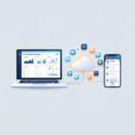 Illustration of cloud-connected SaaS applications on a laptop and mobile device with a central cloud icon and app icons