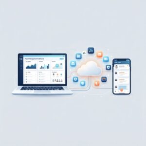 Illustration of cloud-connected SaaS applications on a laptop and mobile device with a central cloud icon and app icons