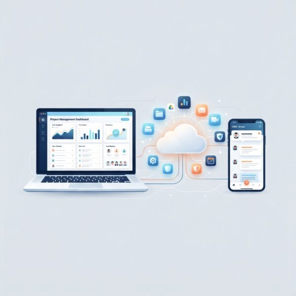 Illustration of cloud-connected SaaS applications on a laptop and mobile device with a central cloud icon and app icons