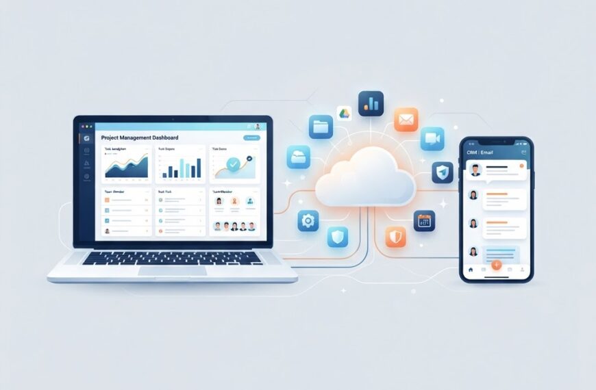 Illustration of cloud-connected SaaS applications on a laptop and mobile device with a central cloud icon and app icons