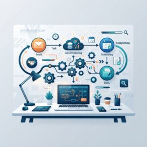 Modern illustration of business process automation showing interconnected workflow nodes, gears, and flowing data between business tasks like email, calendar, and documents