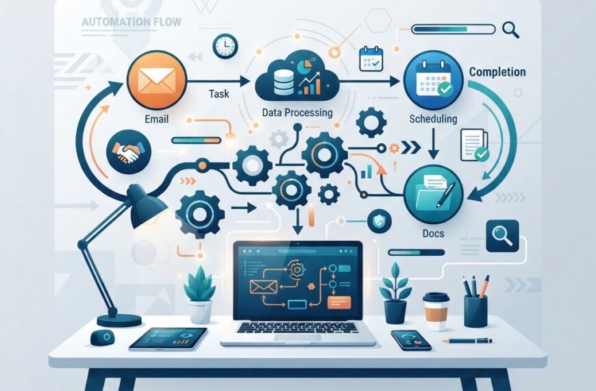 Modern illustration of business process automation showing interconnected workflow nodes, gears, and flowing data between business tasks like email, calendar, and documents
