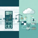 Illustration comparing cloud and on-premise LIMS deployment: server rack on one side, cloud icon with connected lab instruments on the other, with a balance scale in the center