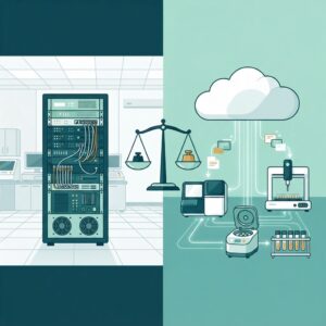Illustration comparing cloud and on-premise LIMS deployment: server rack on one side, cloud icon with connected lab instruments on the other, with a balance scale in the center