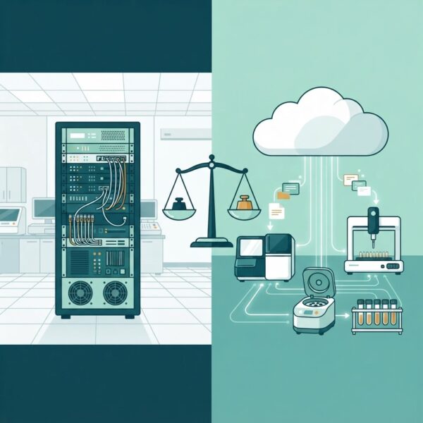 Illustration comparing cloud and on-premise LIMS deployment: server rack on one side, cloud icon with connected lab instruments on the other, with a balance scale in the center