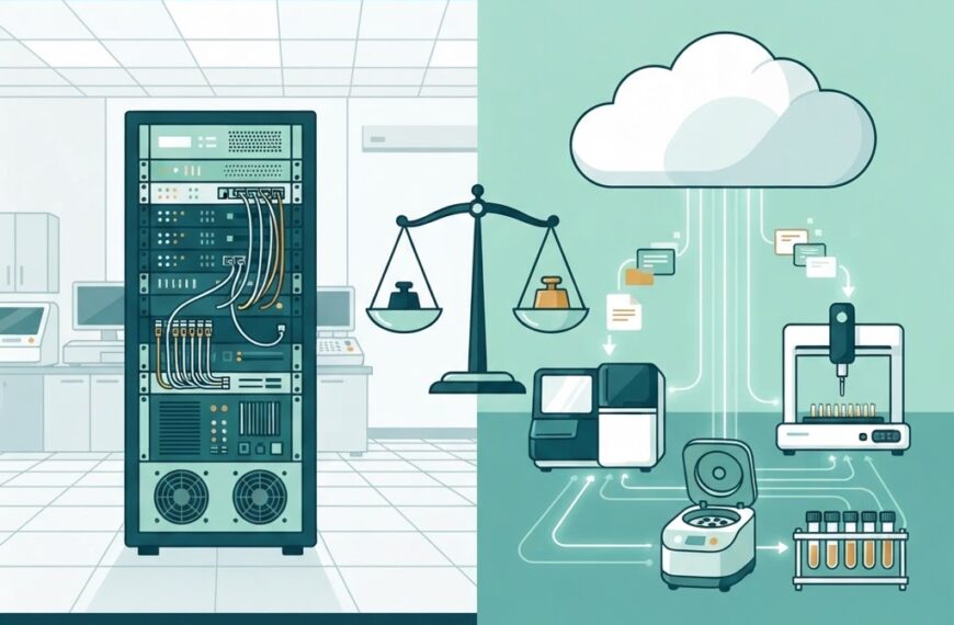 Illustration comparing cloud and on-premise LIMS deployment: server rack on one side, cloud icon with connected lab instruments on the other, with a balance scale in the center